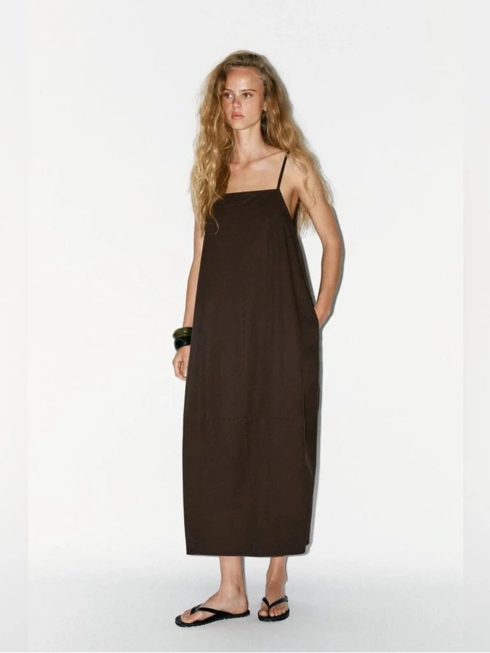 Zara Black Cotton Midi Dress with Back Pleat
